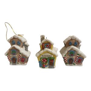 Set Of 3 VTG Ceramic Handpainted Christmas House Ornaments Barber Shop & Bakery